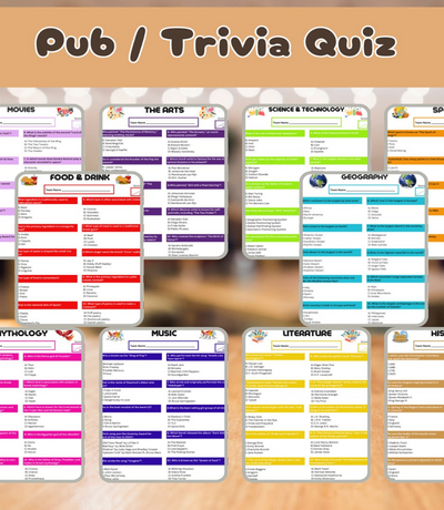 Fun Pub Quiz -Special Trivia - 100 Questions - 10 Topics - Neat Notions Nook